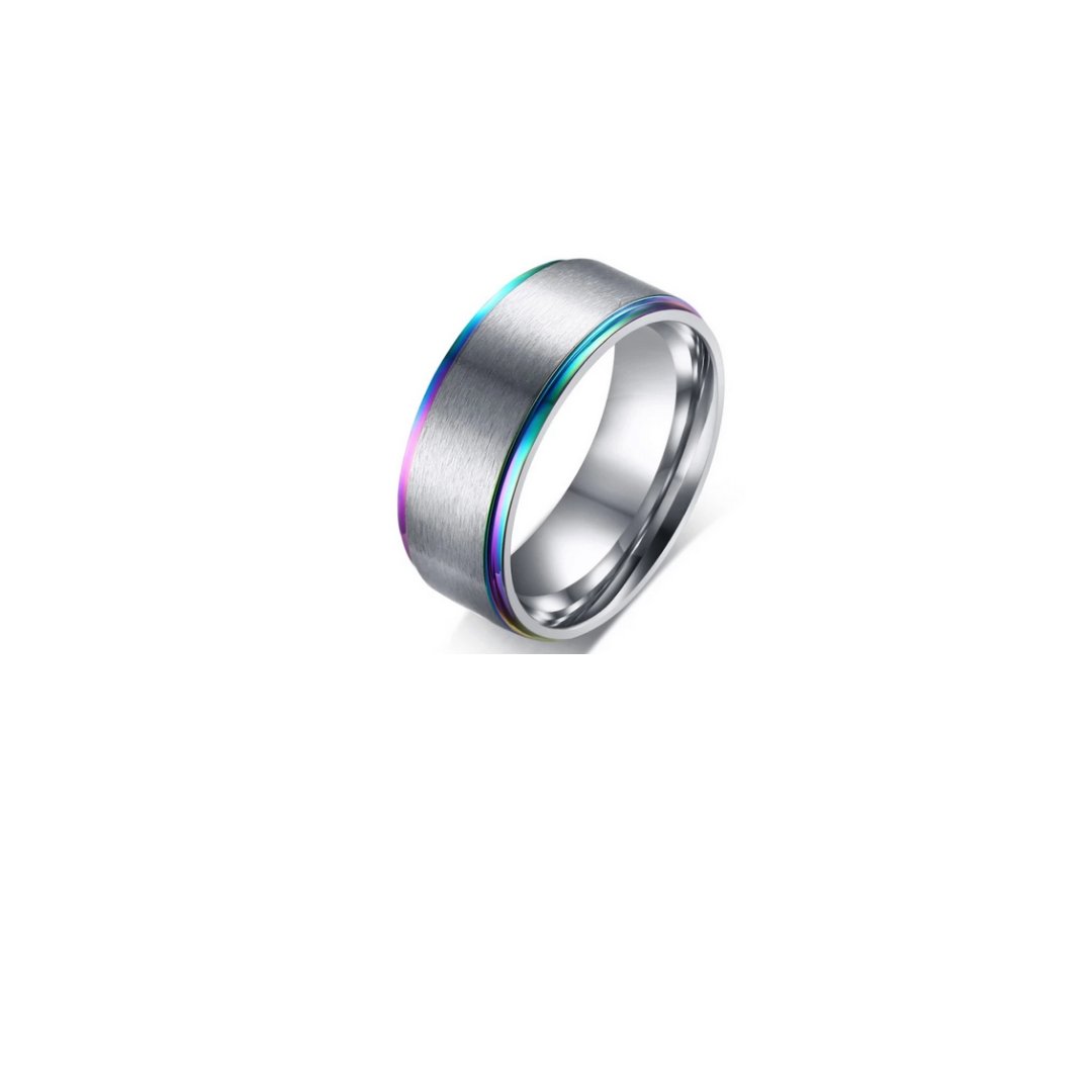 Silver Rainbow Stainless Steel Wedding Band - HAUTEBUTCH - Accessorize, Final Sale, Jewelry, lgbt, LGBT wedding, LGBTQ, nosizechart, PRIDE, rainbow, ring, spo-default, spo-enabled, spo-notify-me-disabled, wedding band